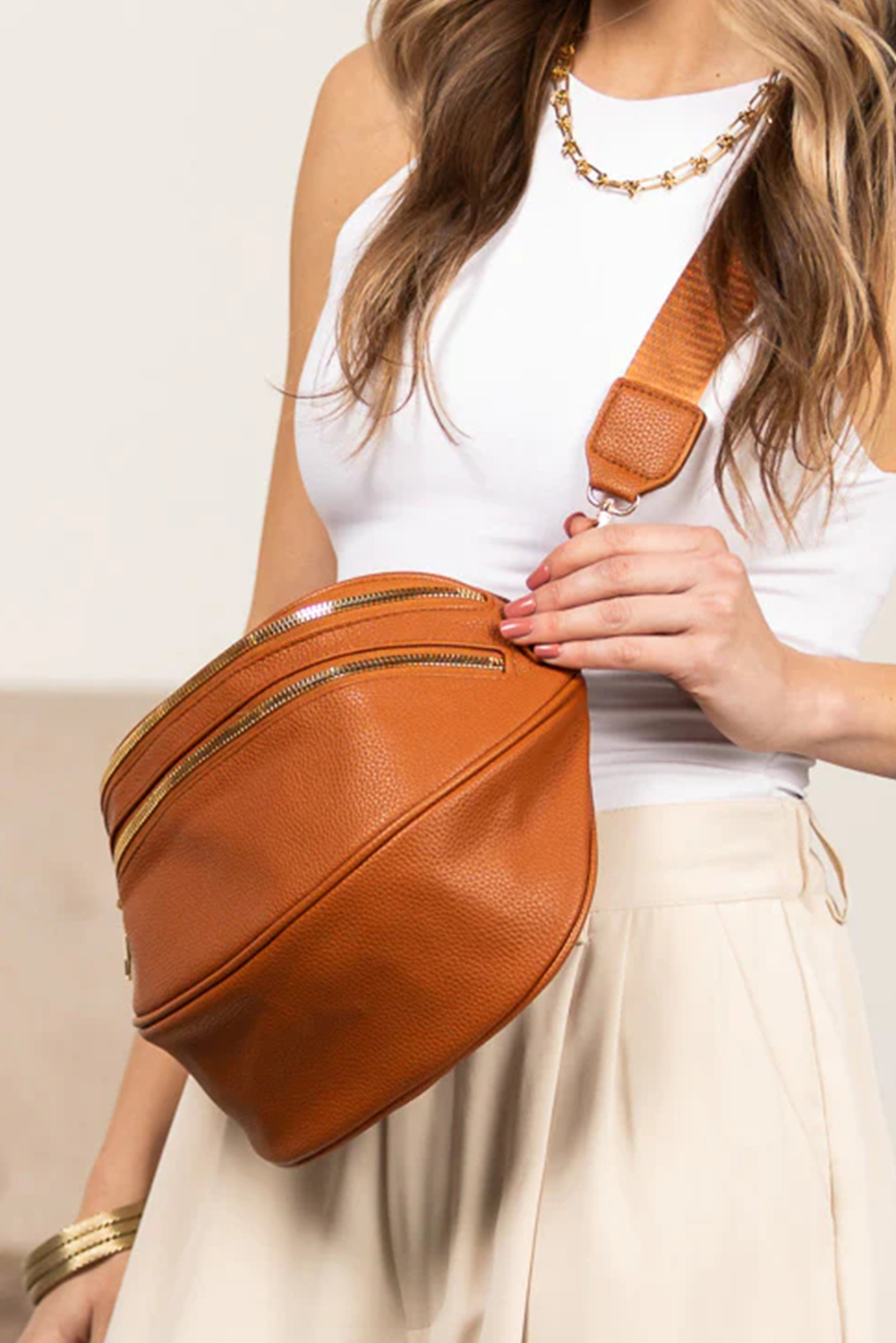 Cinnamon Double Zip Faux Leather Crossbody Bag