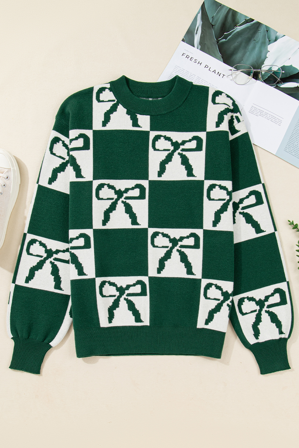 Blackish Green Checkered Bow Print Casual Sweater