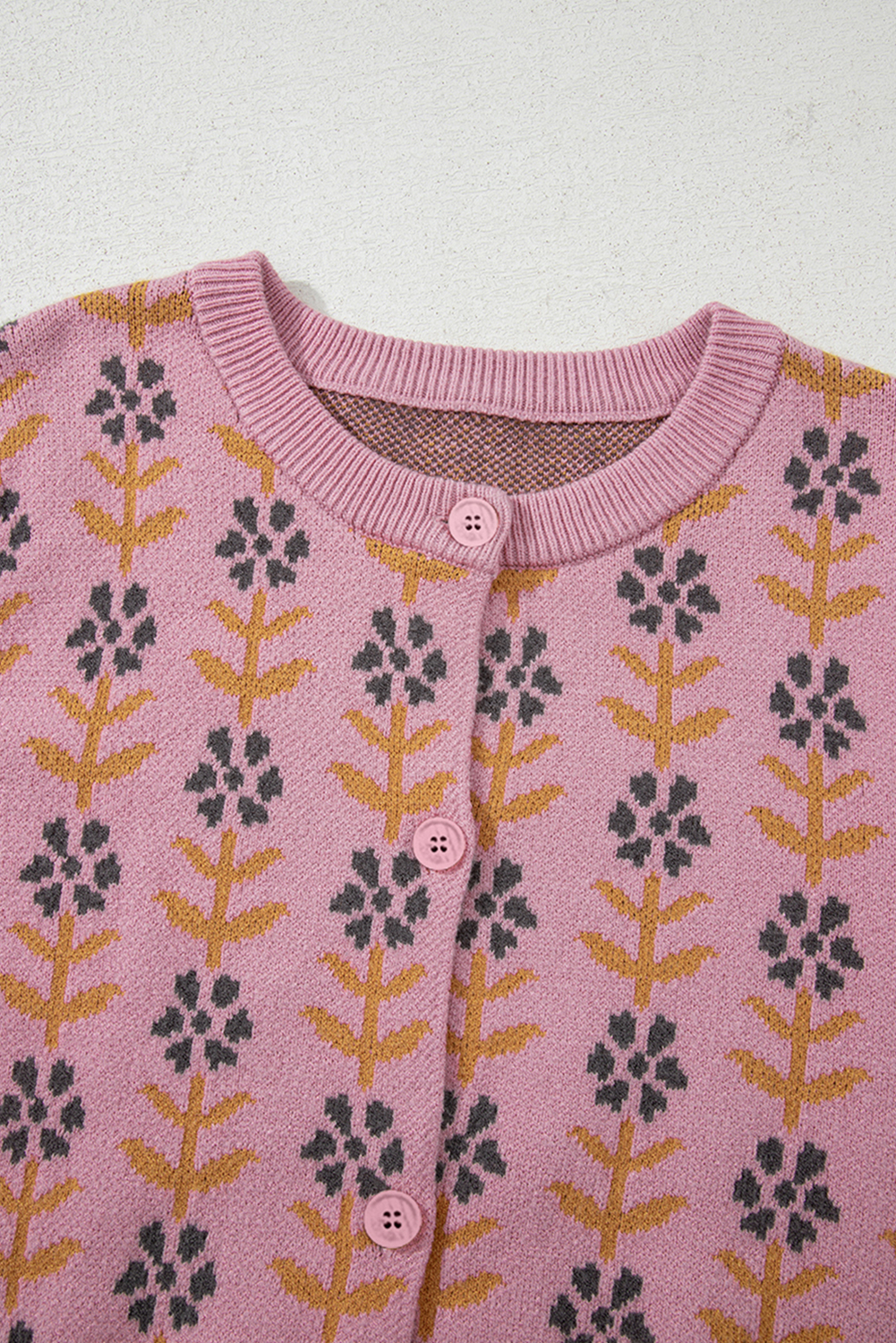 Pink Floral Button Down Ribbed Banded Cardigan Sweater