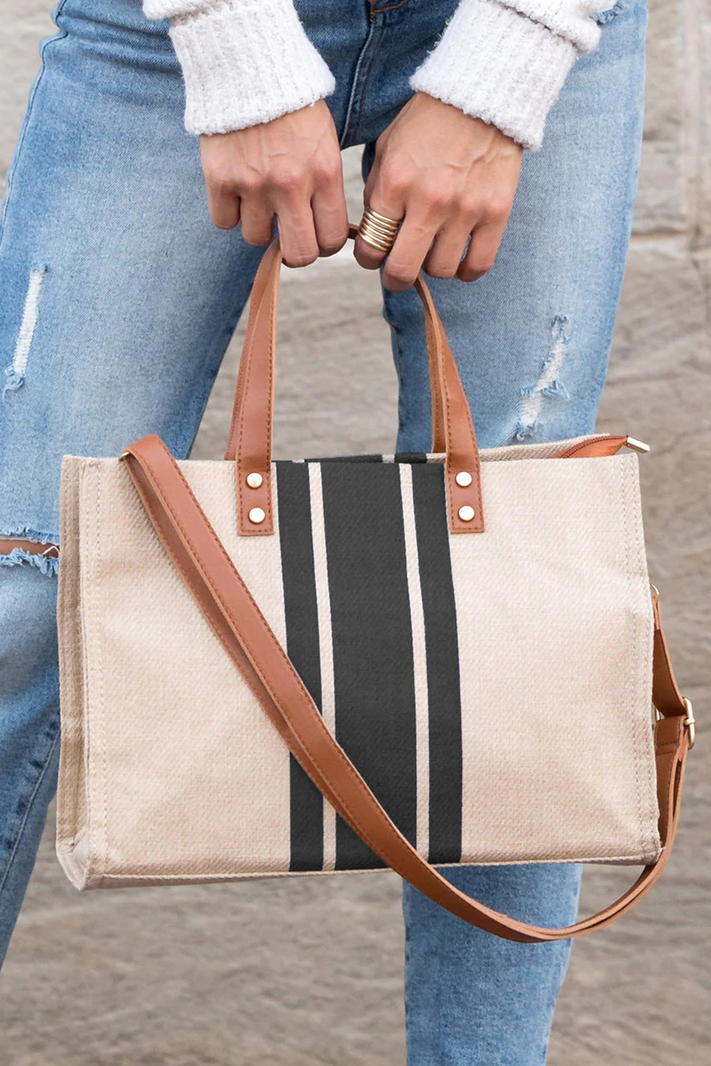 Black Striped Print Contrast PU Leather Handle Patchwork Shoulder Bag