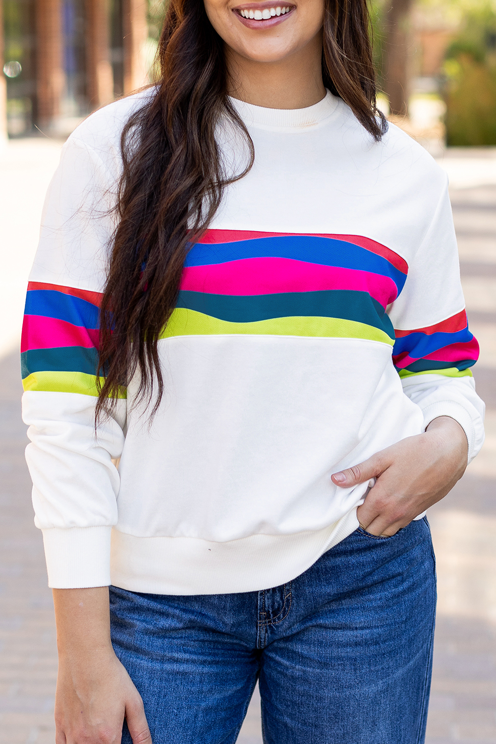 White Plus Size Colorful Striped Drop Shoulder Loose Sweatshirt
