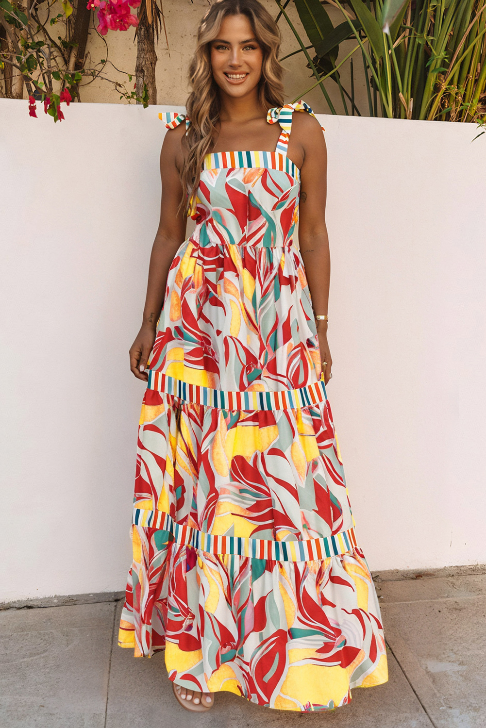 Sky Blue Abstract Print Striped Detail Knot Strap Maxi Dress