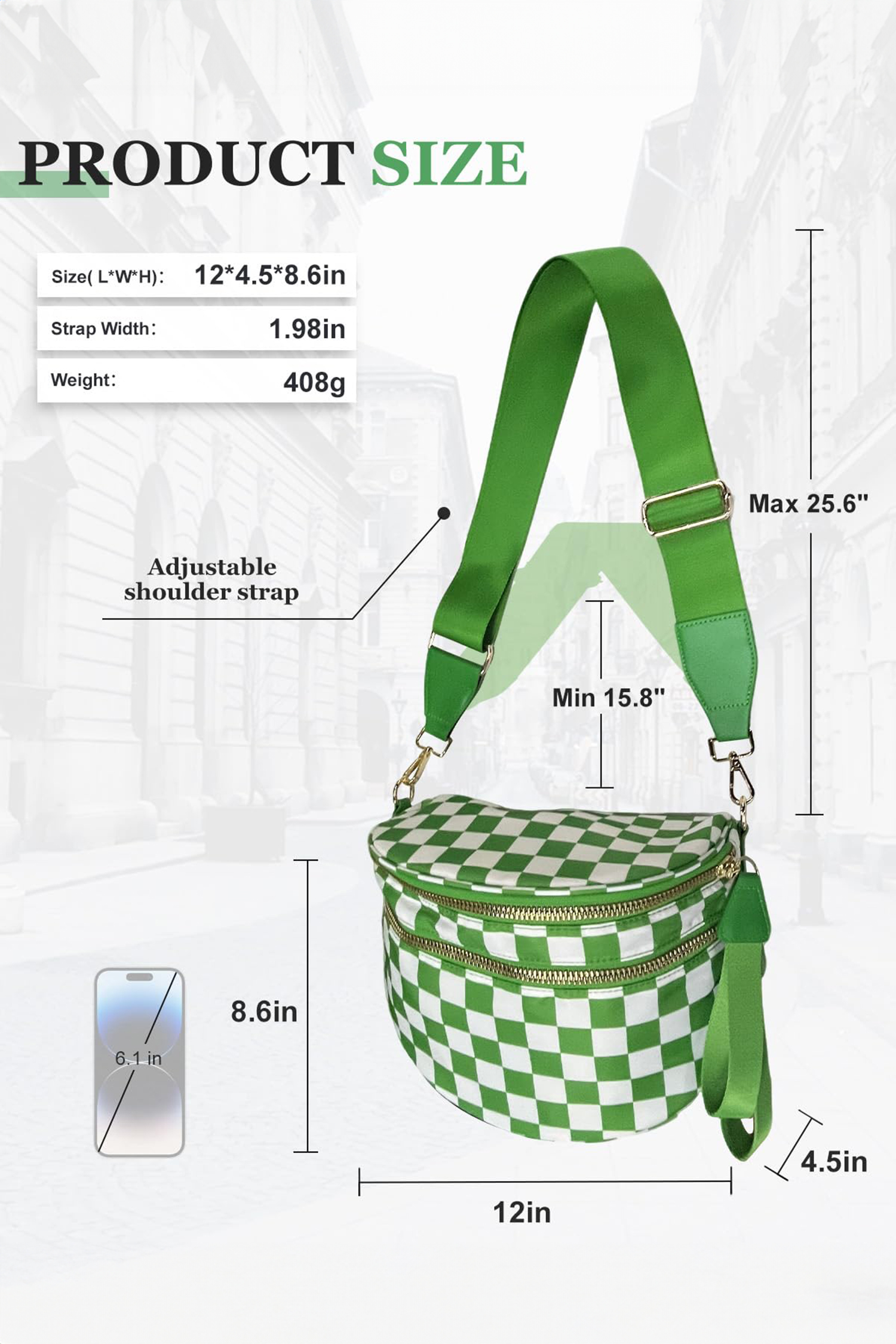 Jungle Green Double Zip Crescent Shape Adjustable Sling Bag