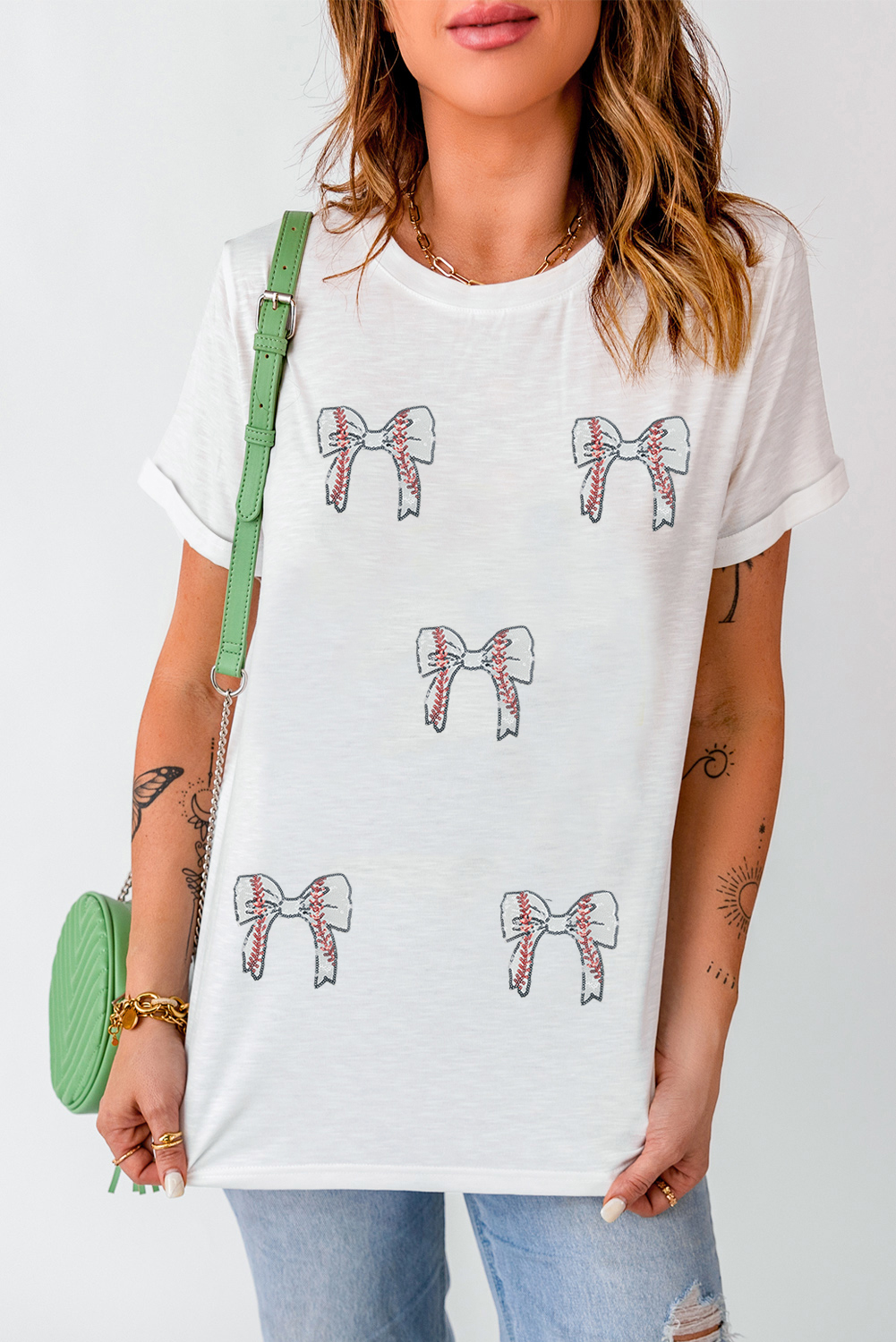 Black Glitter Baseball Bow Patched Cotton Blend T Shirt