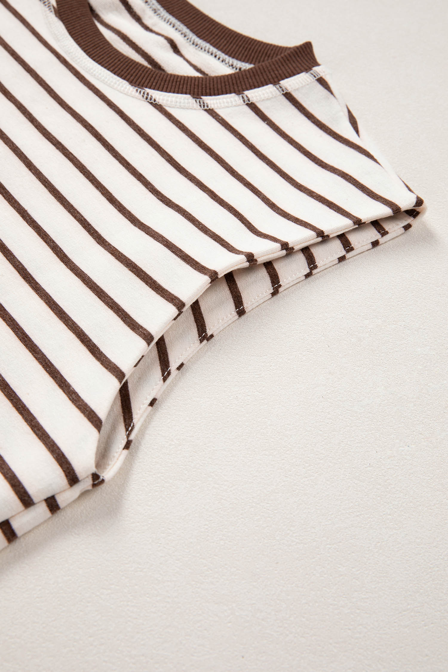 Brown Stripe Ribbed Round Neck Trim Loose Tank Top
