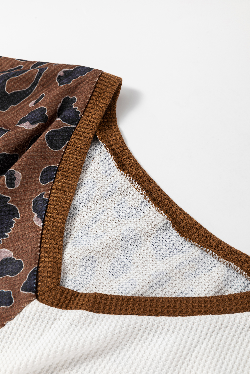 Brown Leopard Contrast Waffle Knit Twist Hem V Neck Top