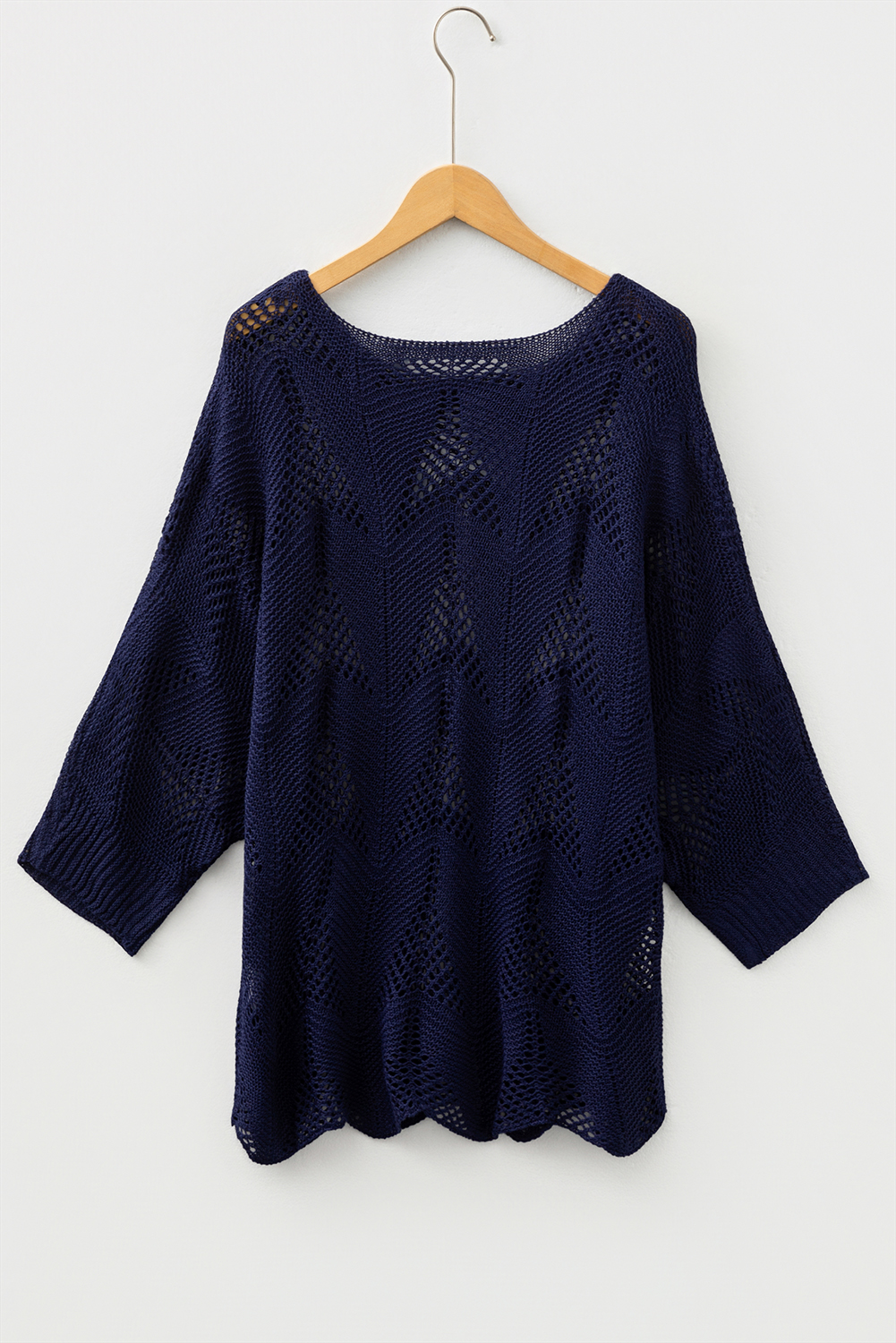 Navy Blue Hollow Out Knit 7/8 Sleeve Casual Sweater