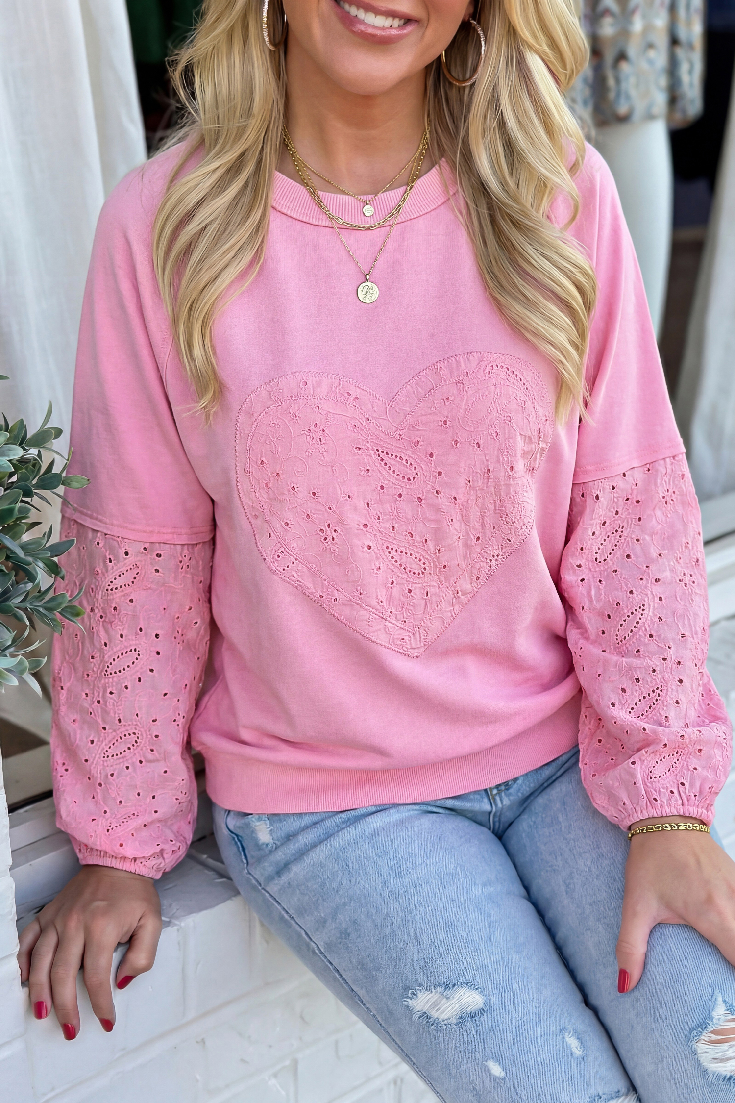 Pink Paisley Broderie Anglaise Valentine Heart Pattern Long Sleeve Patchwork Top