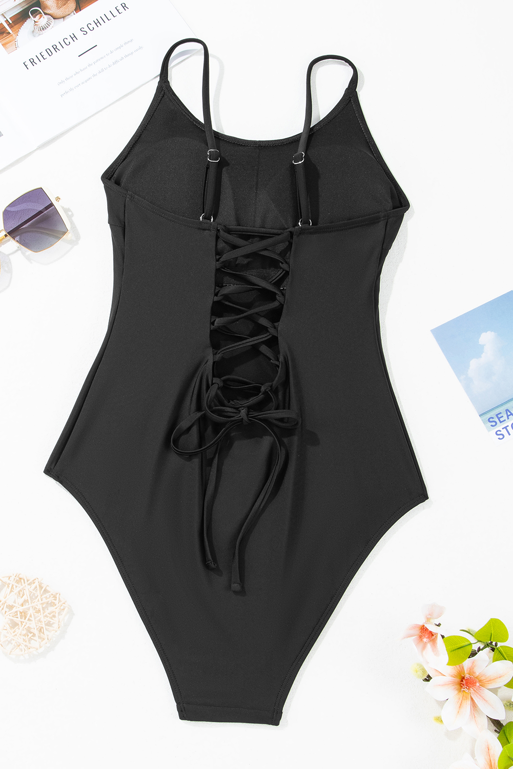 Dearlove Black Thin Strap Strappy Lace-up Open Back One Piece Swimsuit