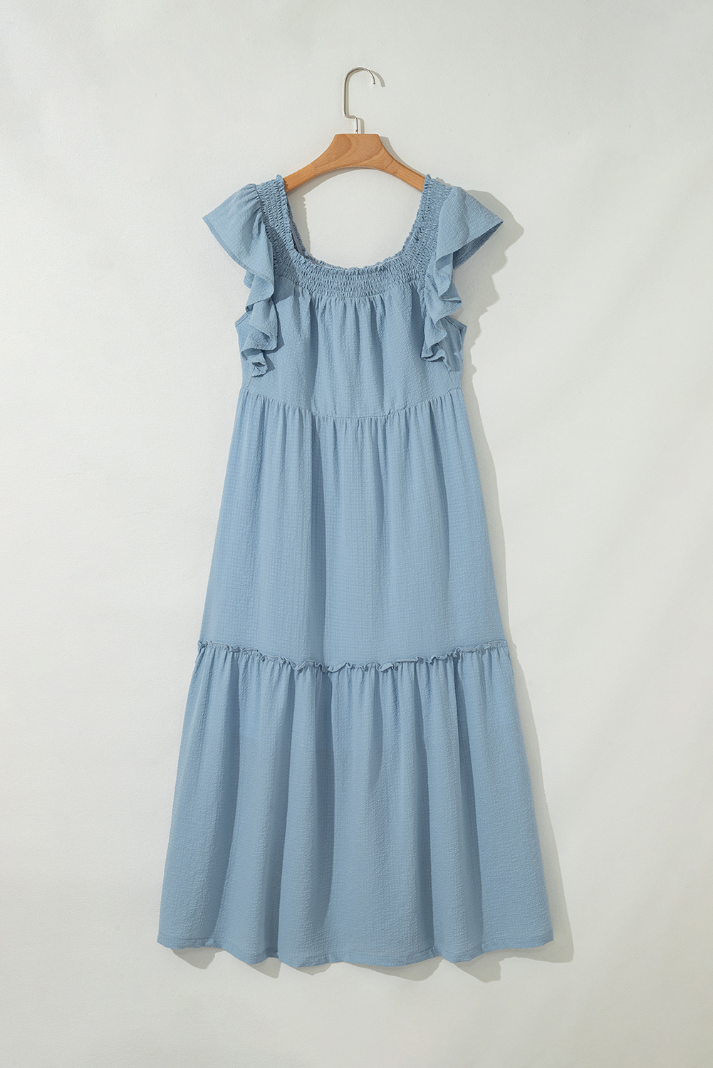 Sky Blue Ruffled Flutter Sleeve Square Neck Textured Tiered Maxi Dress