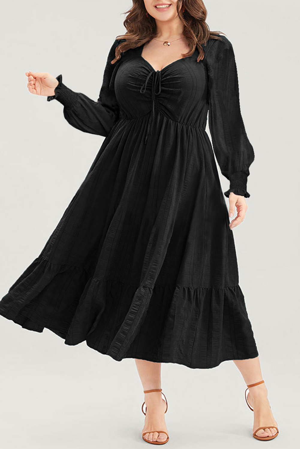 Black Lace-up Ruched Front Long Sleeve Ruffle Hem Plus Size Midi Dress