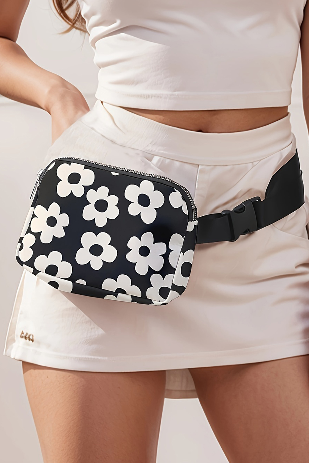 Black Flower Pattern Zipper Cross Body Bag