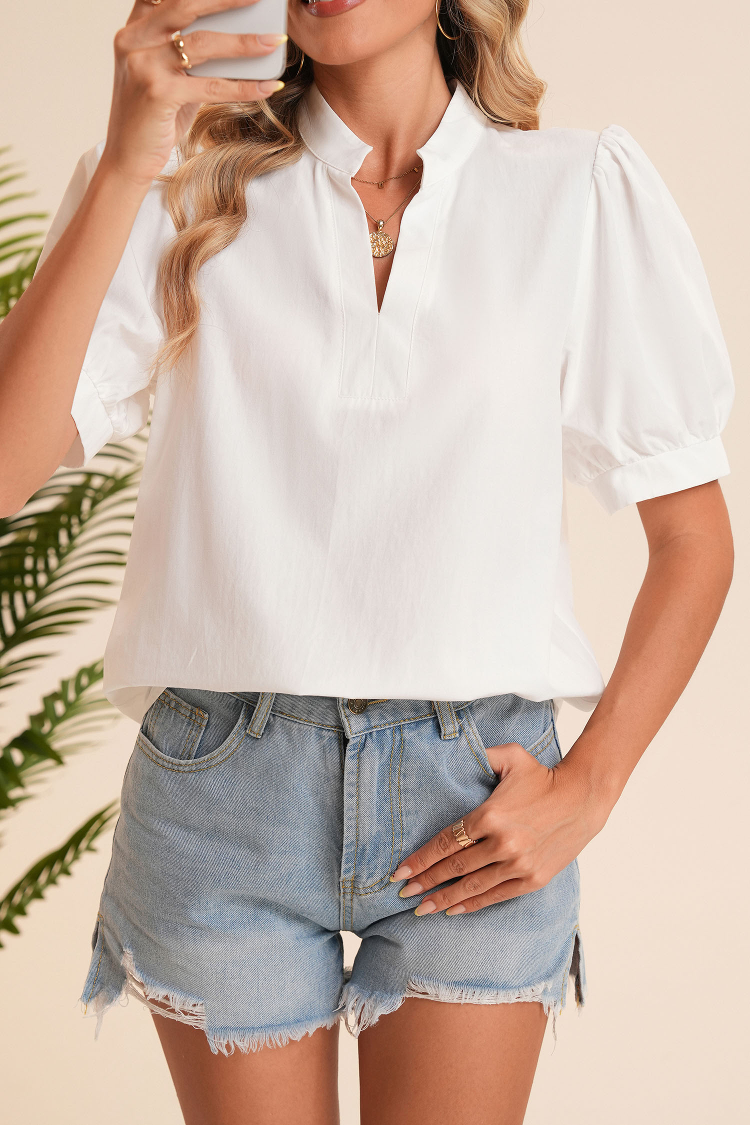 White Notched V Neck Short Puff Sleeve Blank Blouse