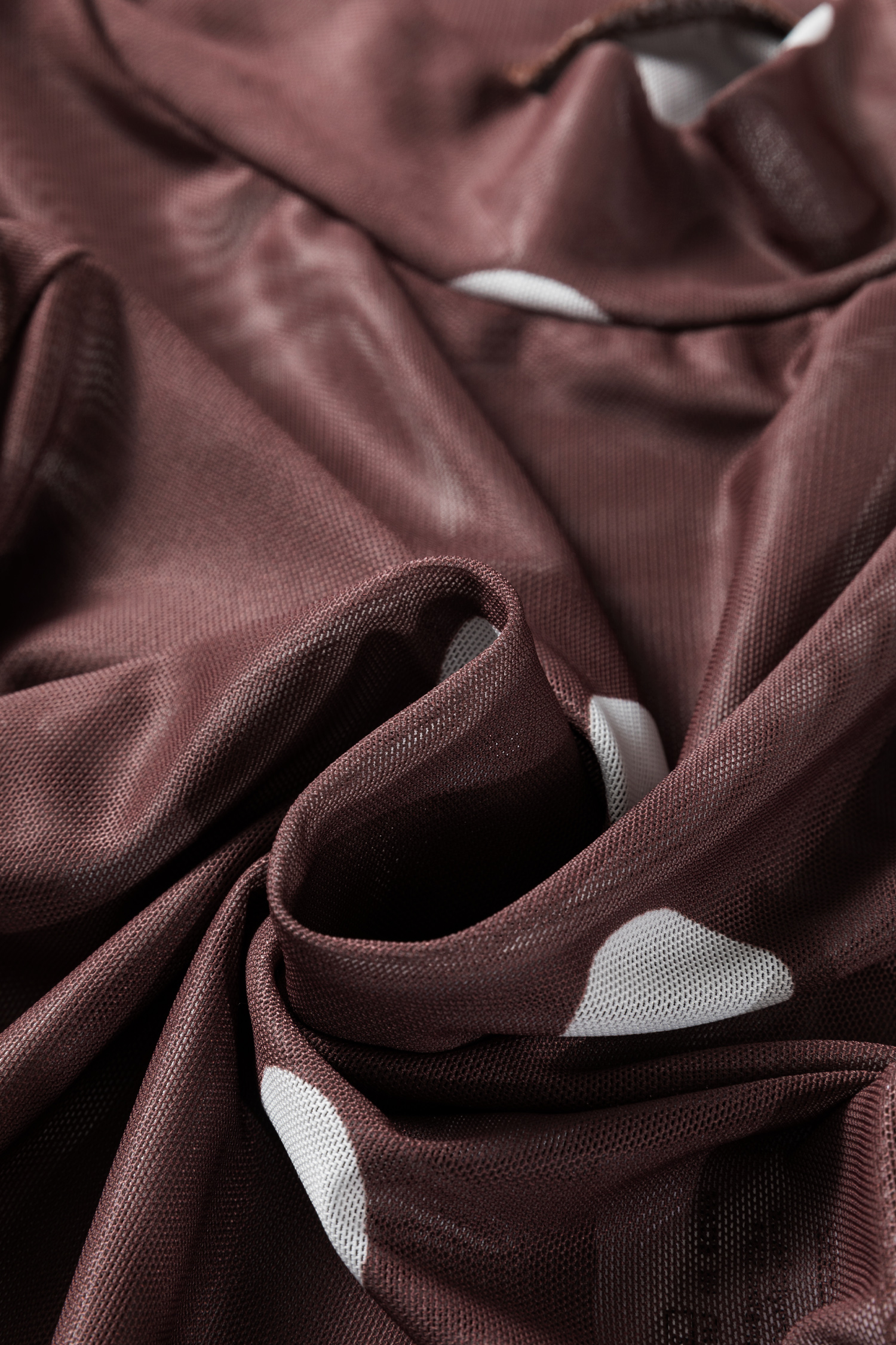 Brown Vintage Polka Dot Print Mesh Long Sleeve Bodysuit