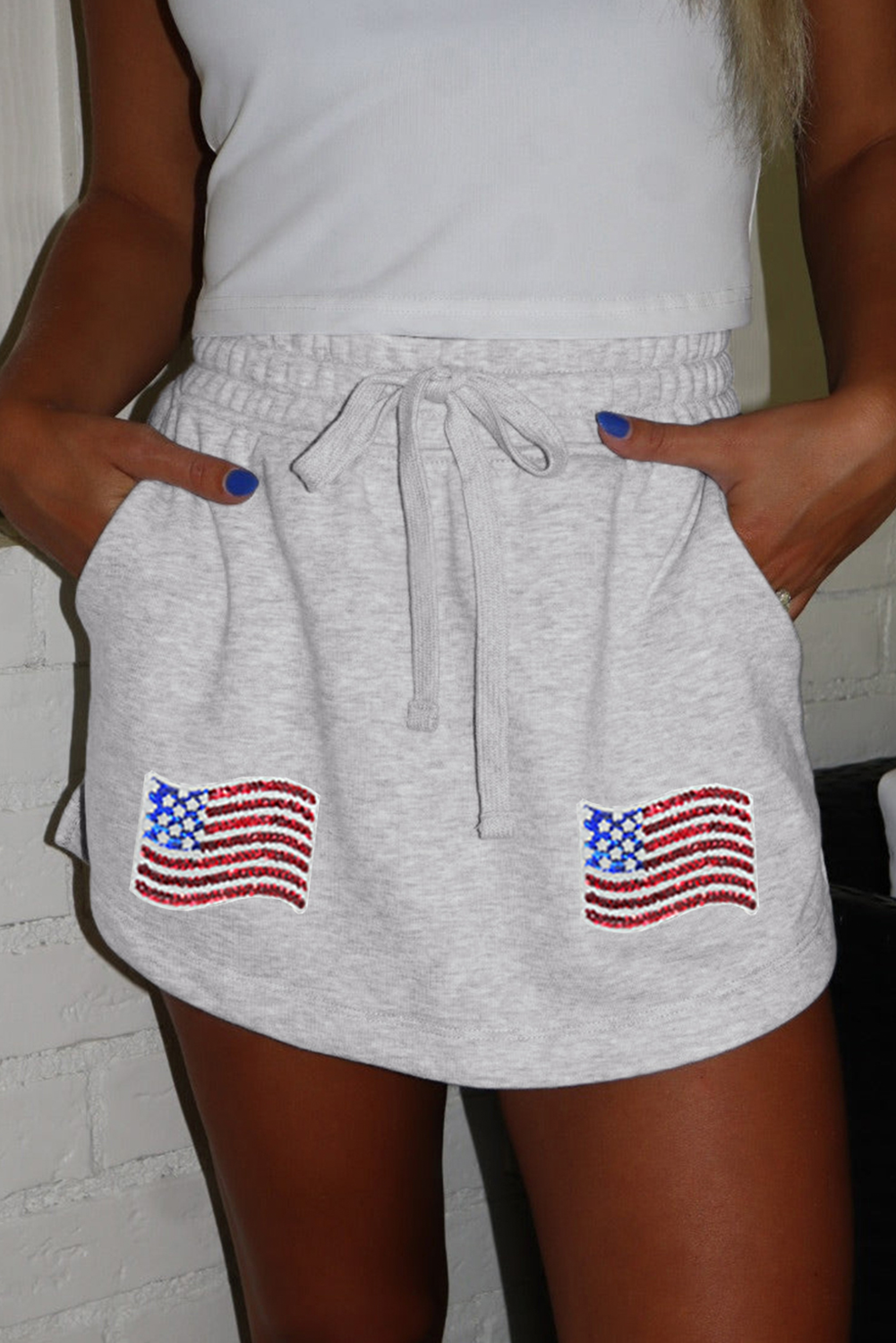 Light Grey American Flag Patched Lace-up High Waist Skort