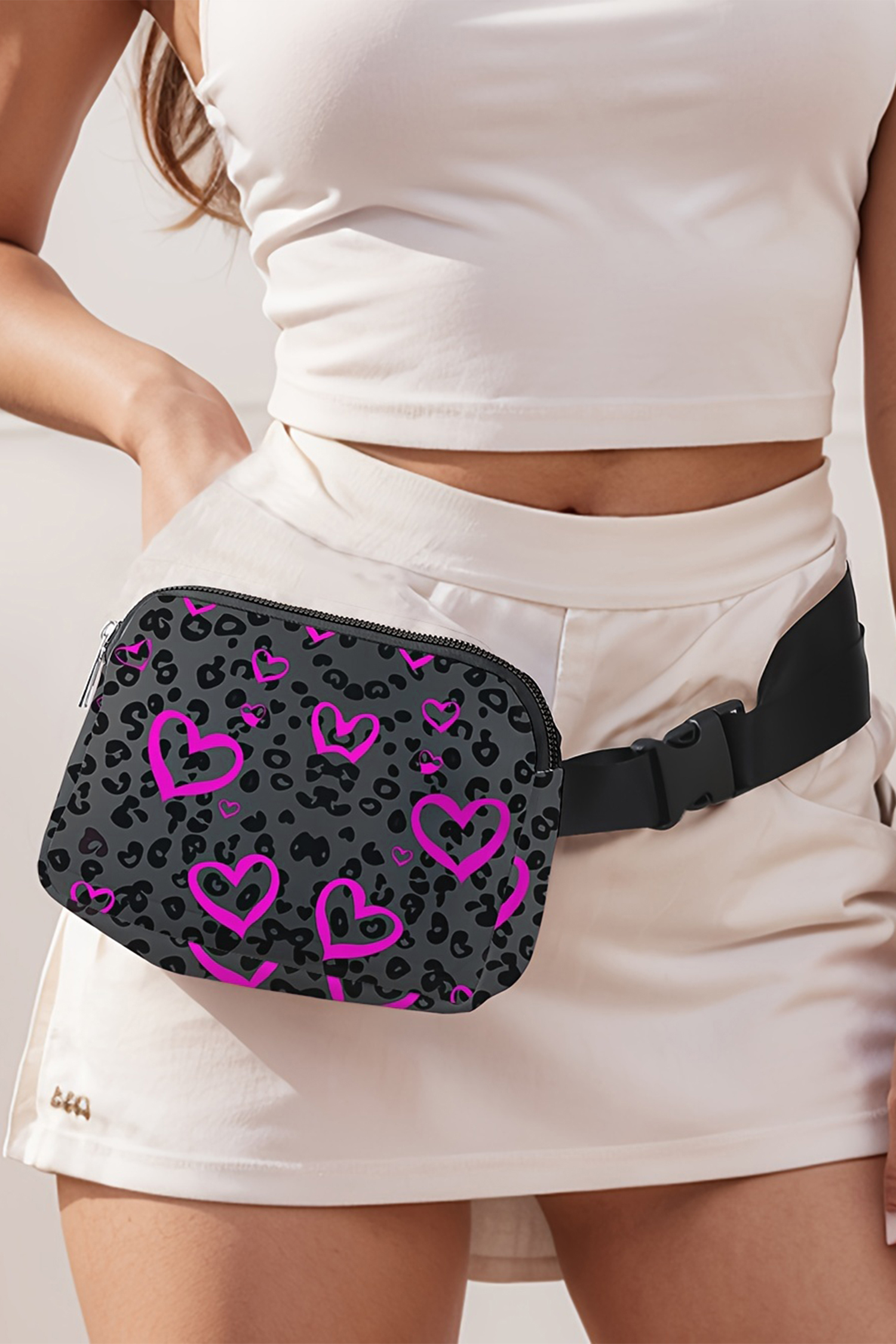Dark Grey Leopard Heart Printed Canvas Crossbody Bag