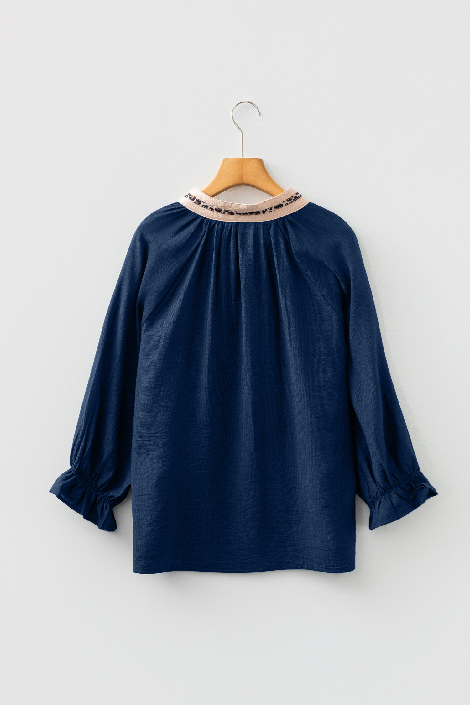 Dirty blue Leopard Trim V Neck Flounced Bracelet Sleeve Blouse