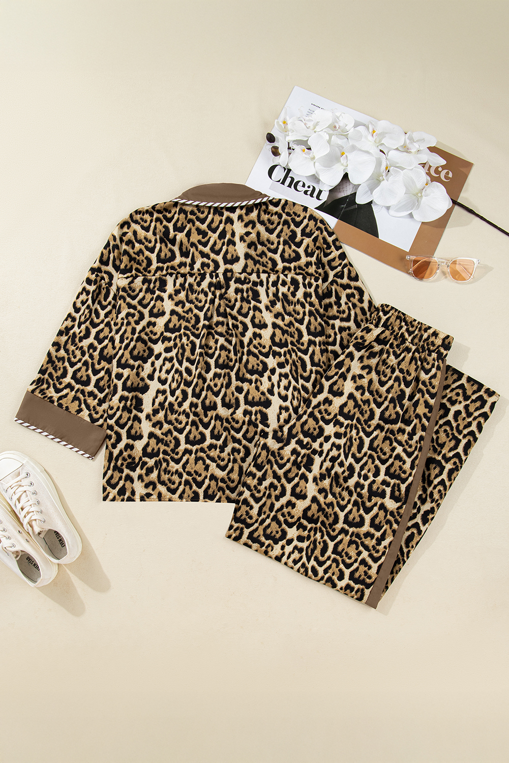 Brown Leopard Collared 3/4 Sleeve Shirt and Loose Pants Two Piece Outfit Set