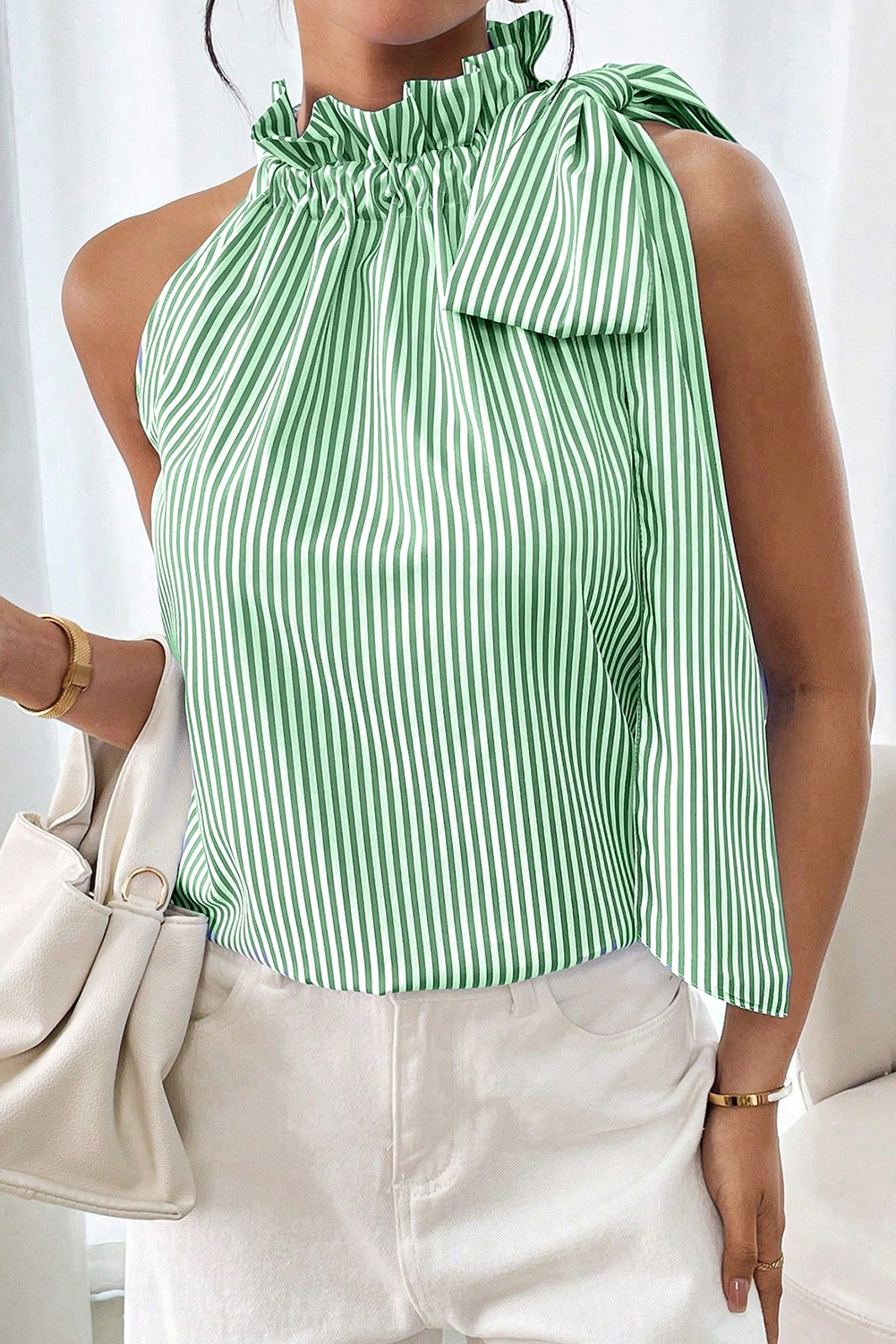 Green Tied Knot Frilled Collar Sleeveless Top