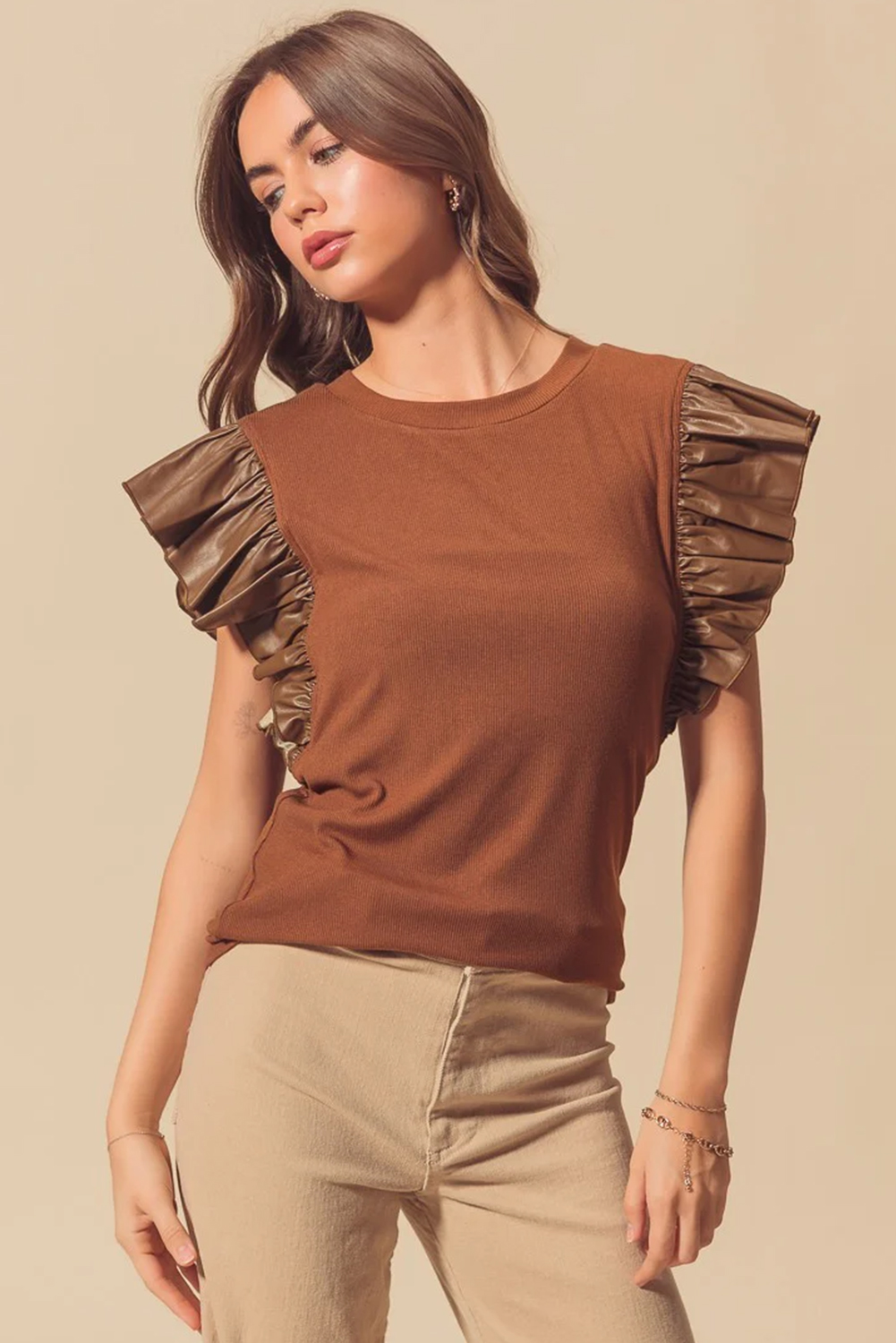 Black GAME DAY Checkered Letter Graphic Leatherette Ruffle Sleeve Top