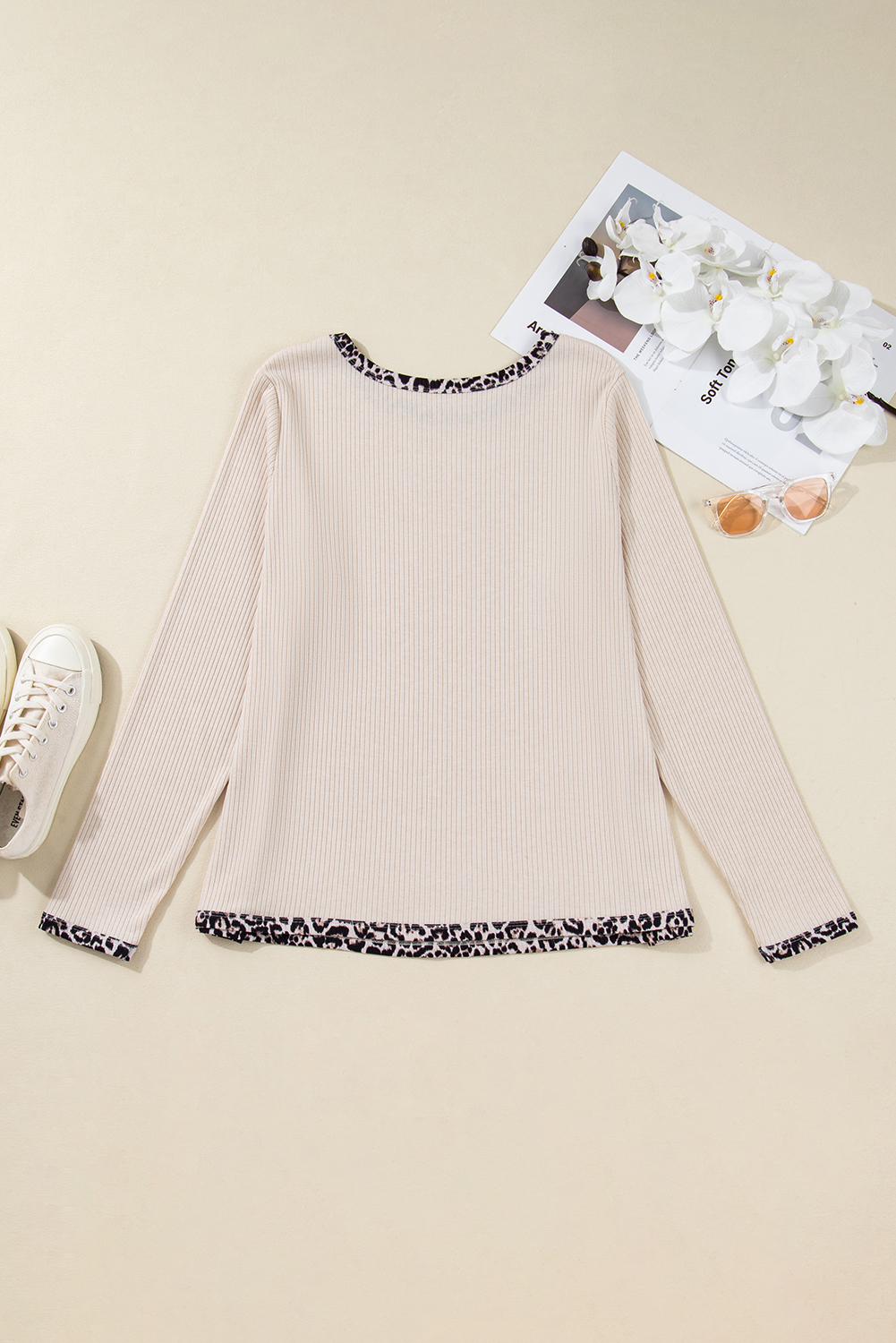 Parchment Ribbed Contrast Leopard Edge Round Neck Plus Knit Top