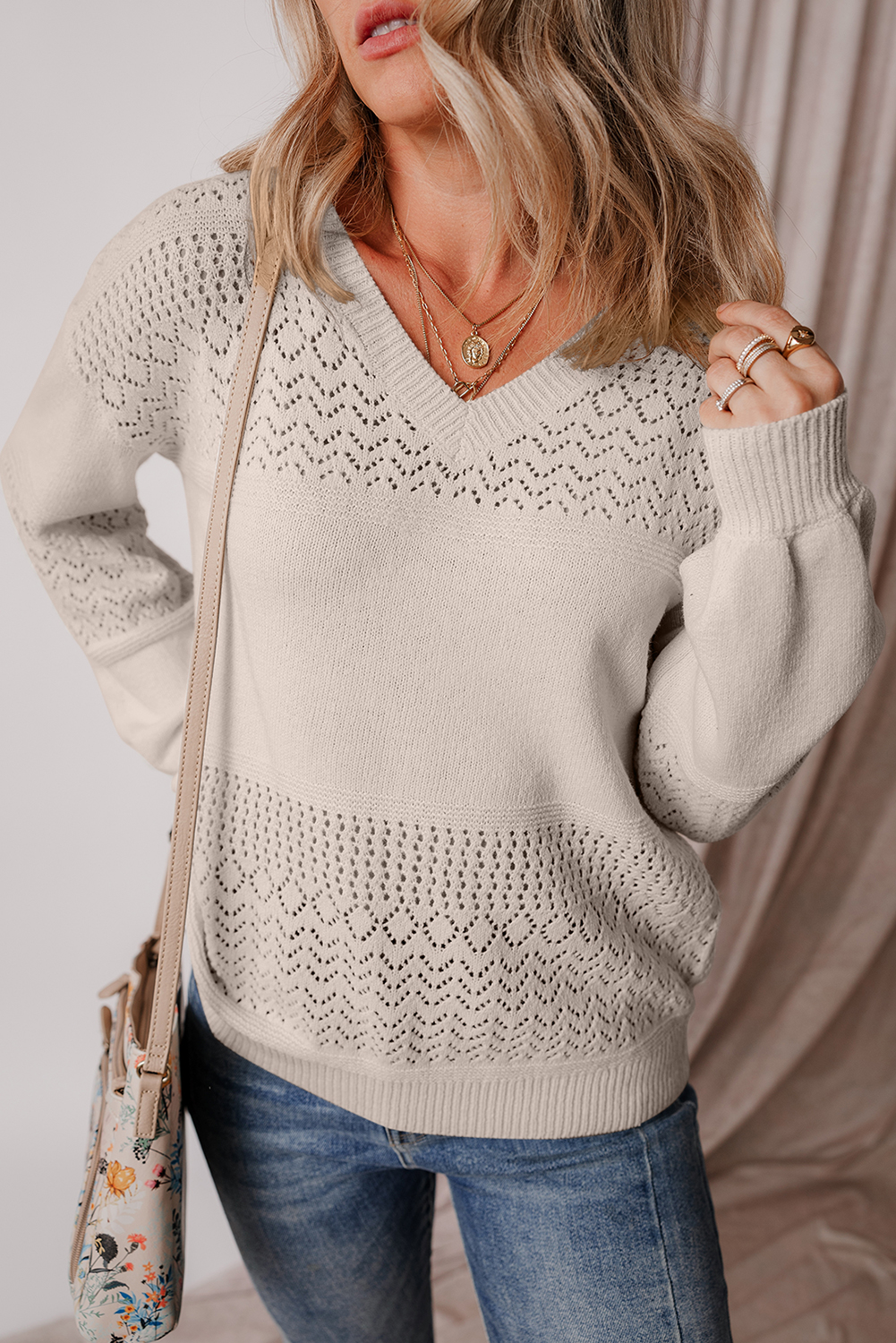 Sky Blue Eyelet Pattern Detail V Neck Drop Shoulder Sweater