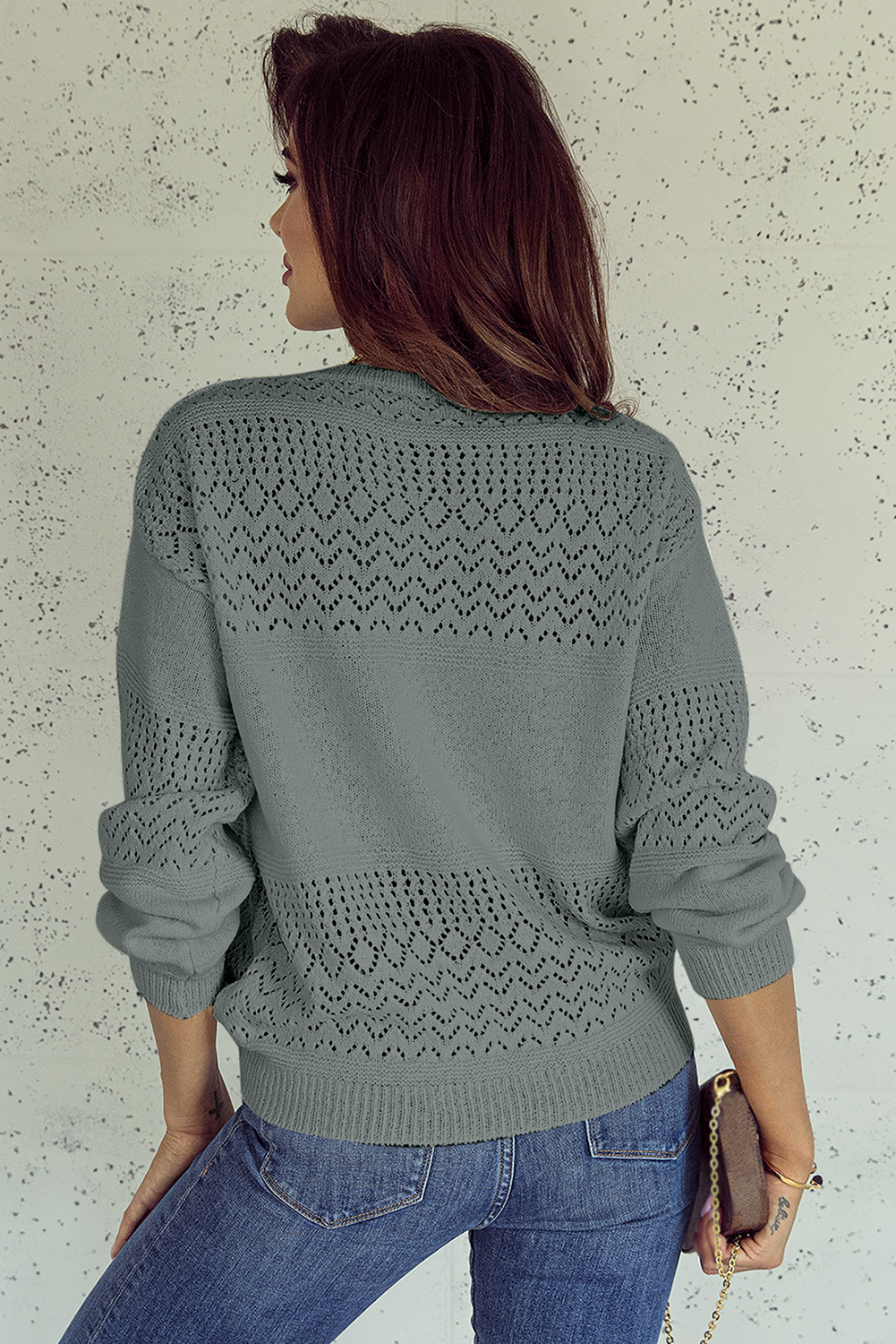 Sky Blue Eyelet Pattern Detail V Neck Drop Shoulder Sweater