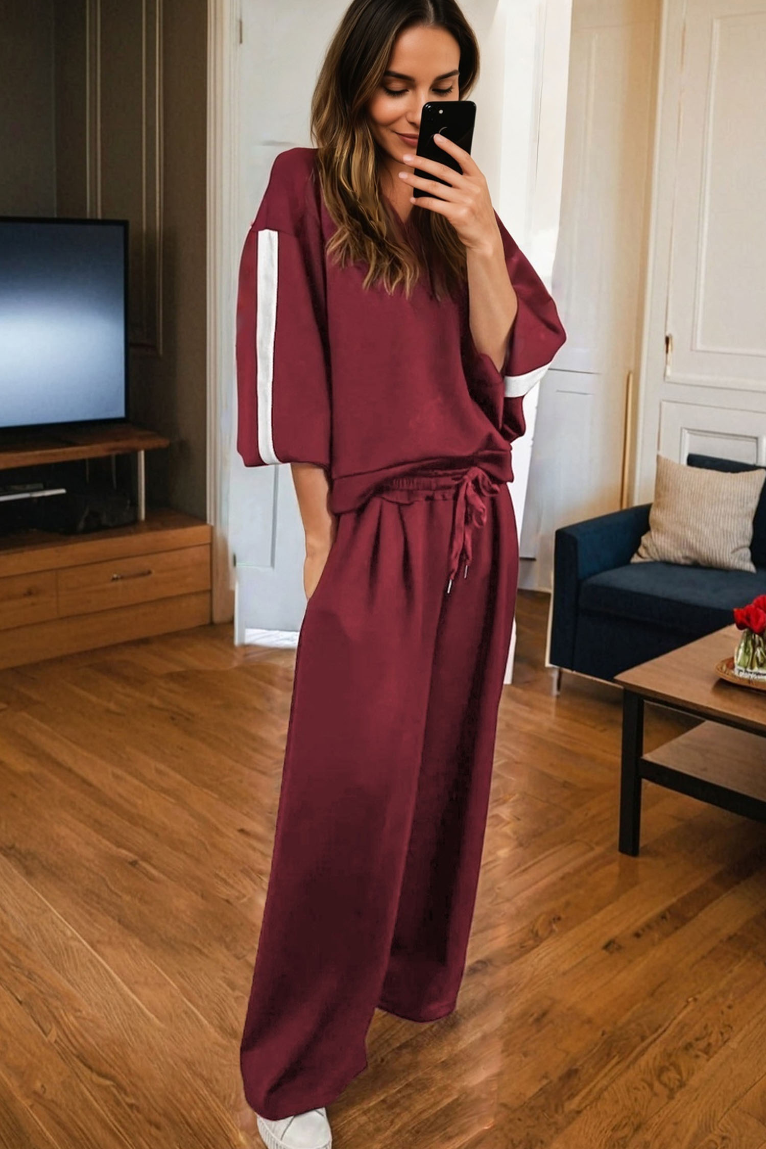 Burgundy Varsity Striped 3/4 Sleeve Pullover Drawstring Sweatpants Set