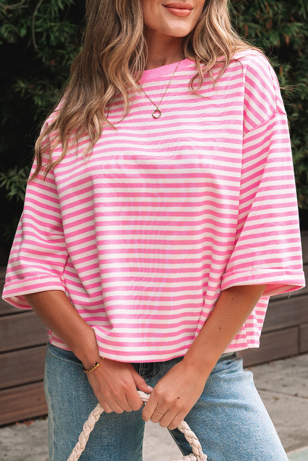 Red Stripe Bowknot Cutout Back Drop Shoulder Wide Bracelet Sleeve Loose Tee